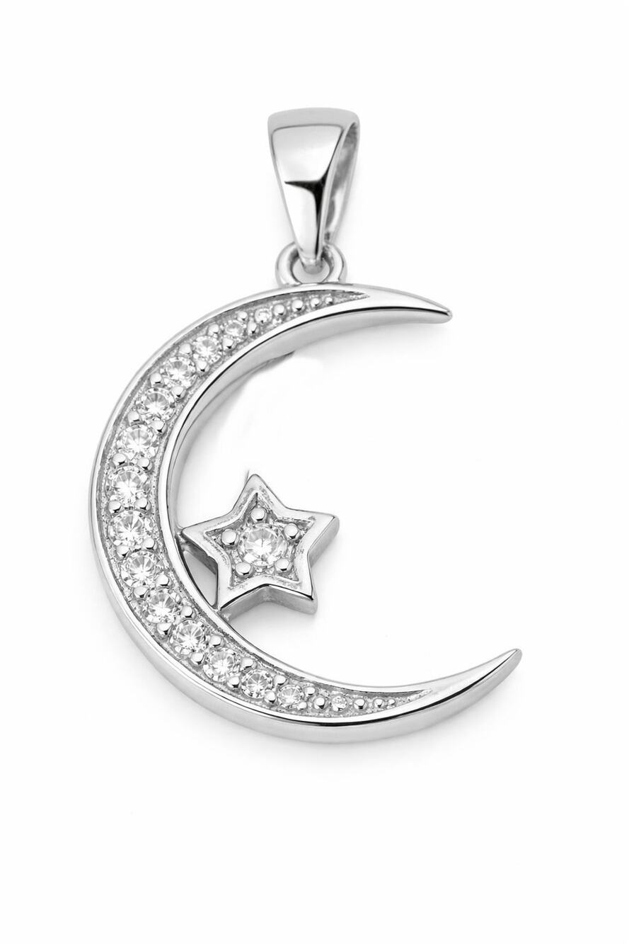 925 Sterling Silver Cubic Zirconia Moon and Star Pendant Charm 26mm